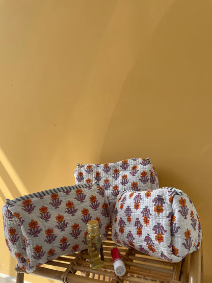 White Bloom Cotton Quilted Pouches (set of 3)