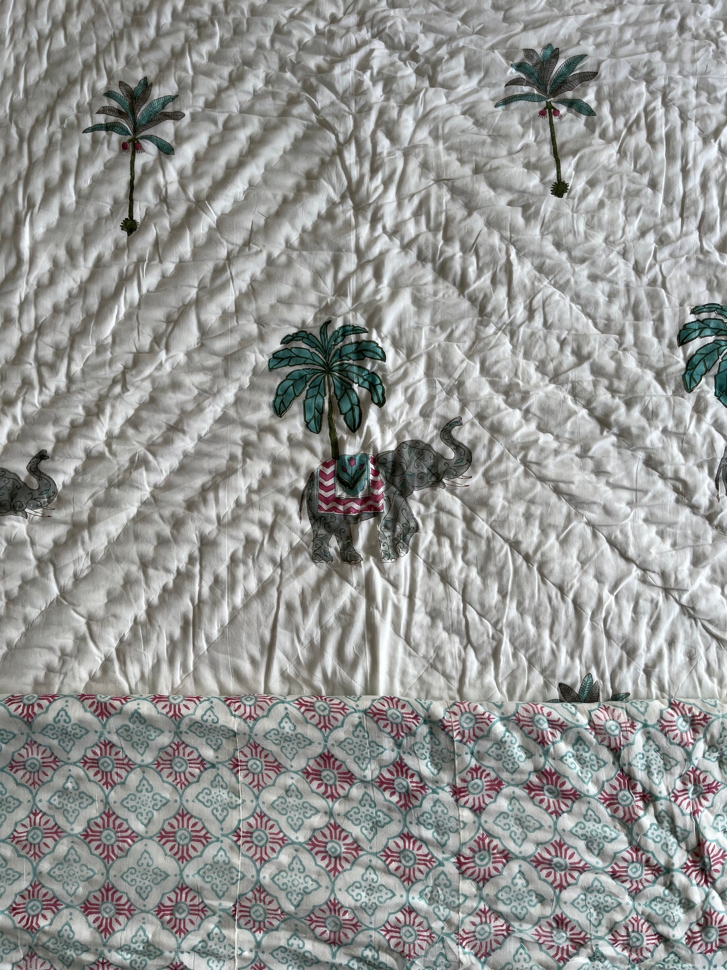 Elephant Print Handblock Double Bed Quilt (90”*108”)