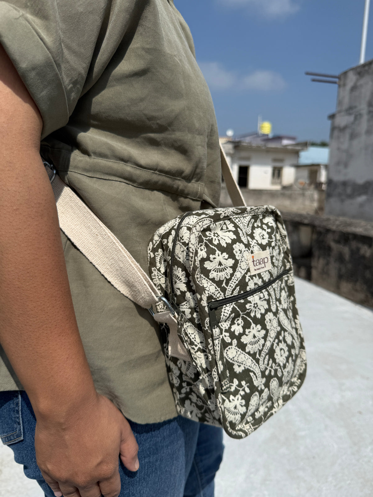 Green Paisley Cotton Canvas Vertical Crossbody Sling – Travel Light, Stay Stylish