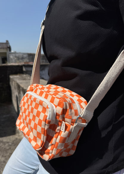 Orange Checkered Cotton Canvas Multi-pocket Crossbody Sling – Travel Light, Stay Stylish
