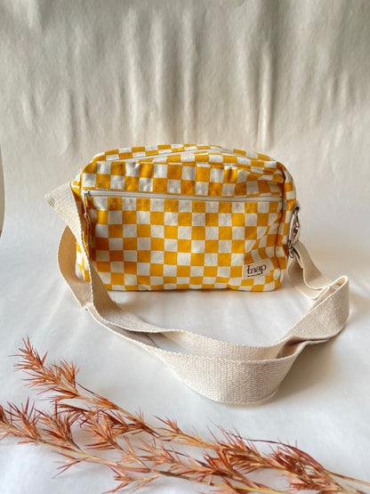 Yellow Checkered Cotton Canvas Horizontal Sling with Front & Inside Pocket – Sleek, Secure & Always Ready