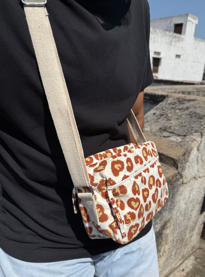 Leopard Cotton Canvas Horizontal Sling with Front & Inside Pocket – Sleek, Secure & Always Ready