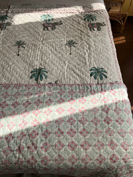 Elephant Print Handblock Double Bed Quilt (90”*108”)