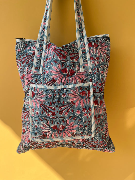 Blush Meadow Vertical Cotton Quilted Tote Bag