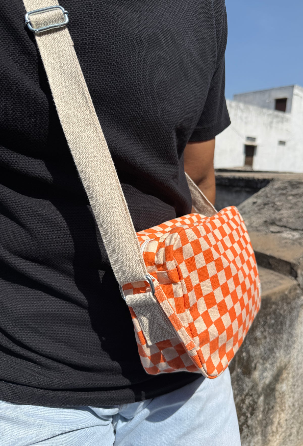 Orange Checkered Cotton Canvas Horizontal Sling with Inside Pocket – Sleek, Secure & Always Ready