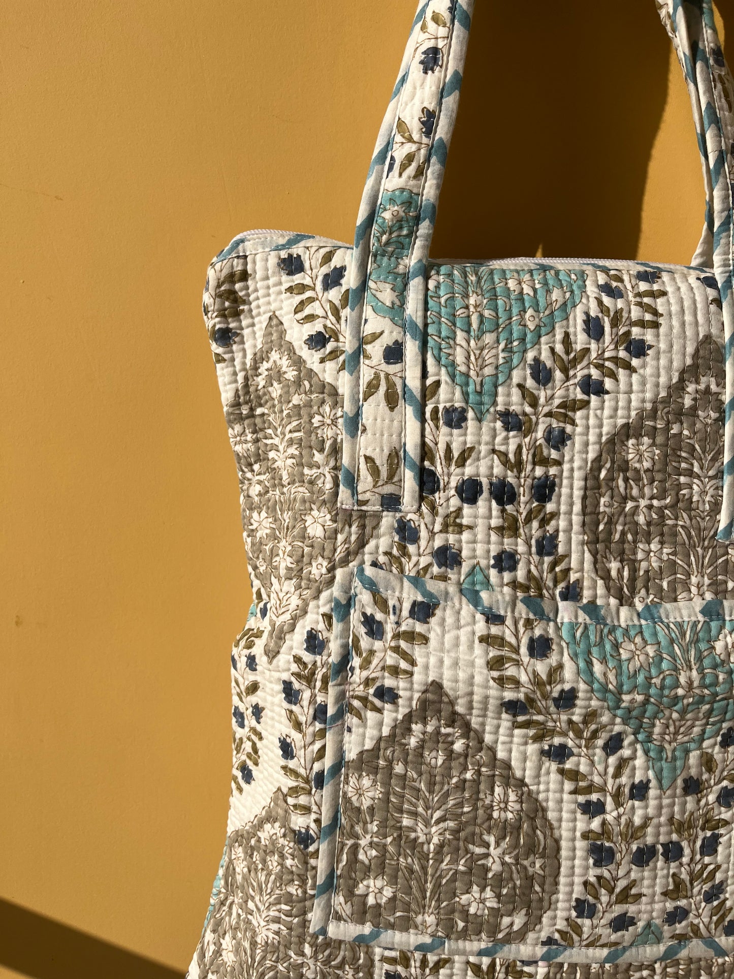 White Paisely  Vertical Cotton Quilted Tote Bag