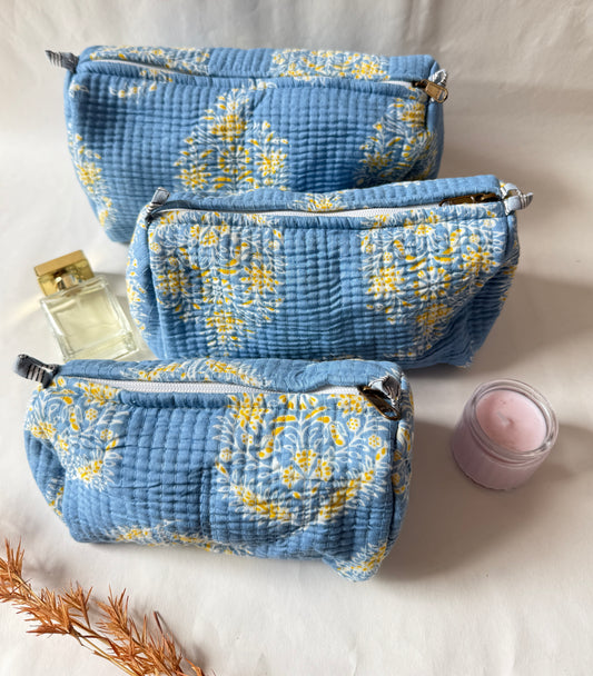 Blue Paisely Cotton Quilted Pouches (set of 3)
