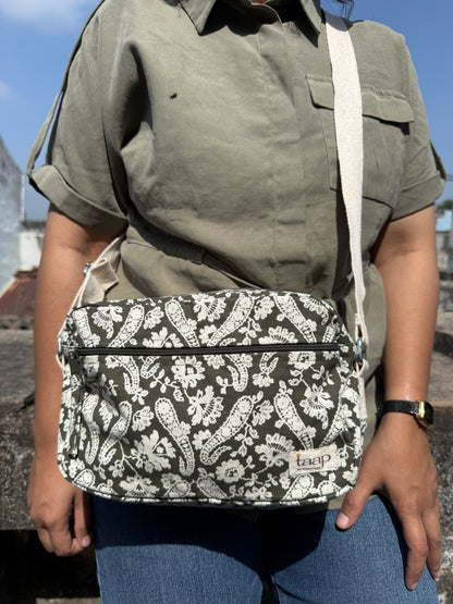 Green Paisley Cotton Canvas Horizontal Sling with Front & Inside Pocket – Sleek, Secure & Always Ready