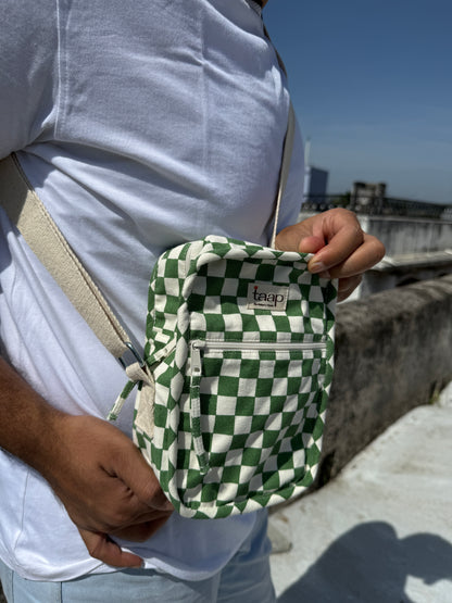 Green Checkered Cotton Canvas Vertical Crossbody Sling – Travel Light, Stay Stylish