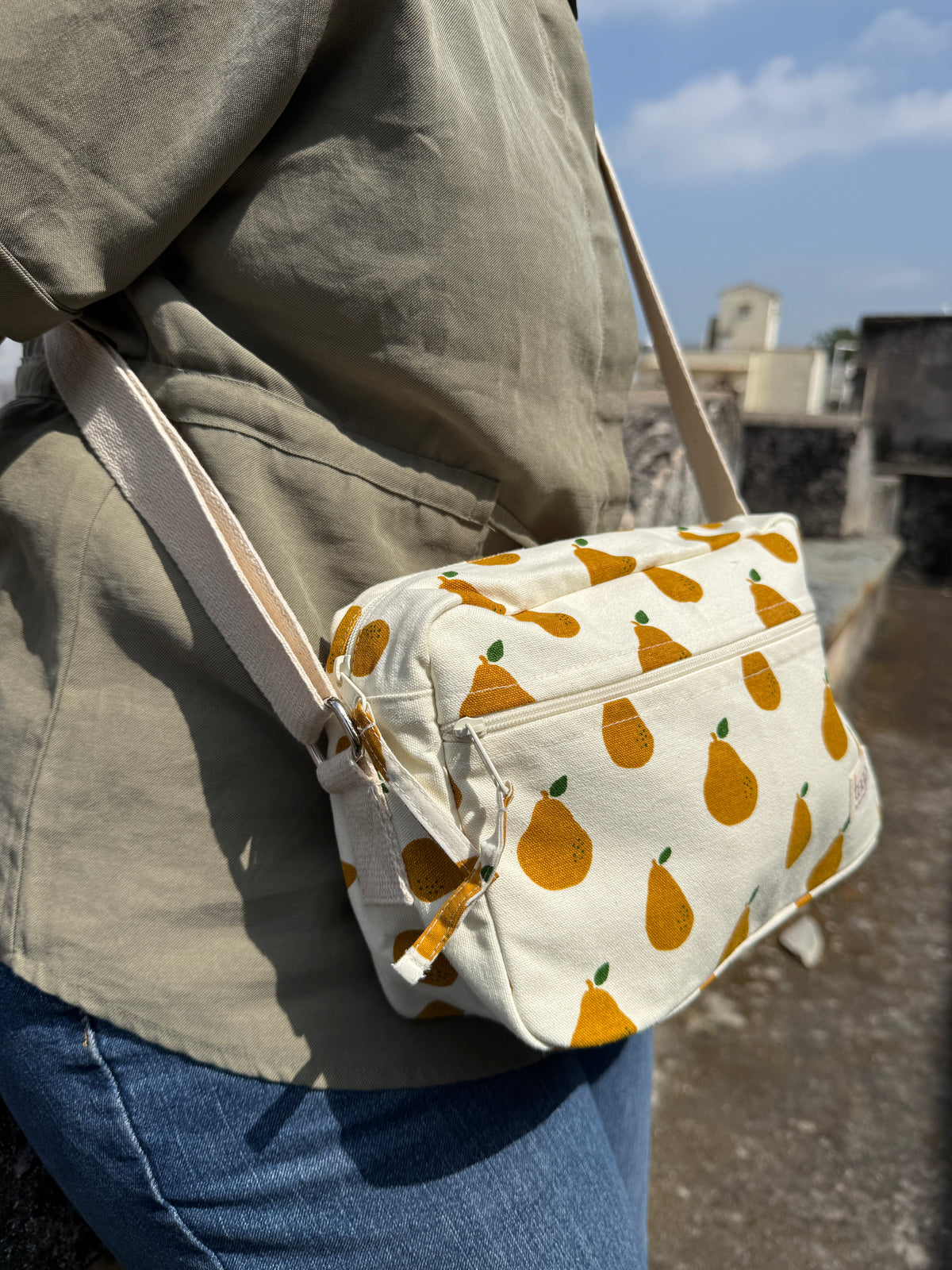 Pear Cotton Canvas Horizontal Sling with Front & Inside Pocket – Sleek, Secure & Always Ready