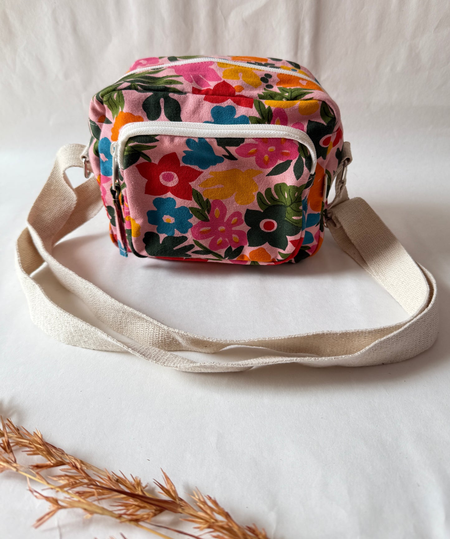Tropical Blush Bloom Cotton Canvas Multi-pocket Crossbody Sling – Travel Light, Stay Stylish