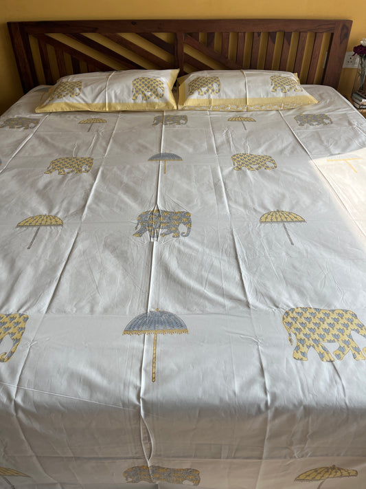 Elephant HandBlock Queen Size Bedsheet with 2 Pillow Covers (90”*108”)