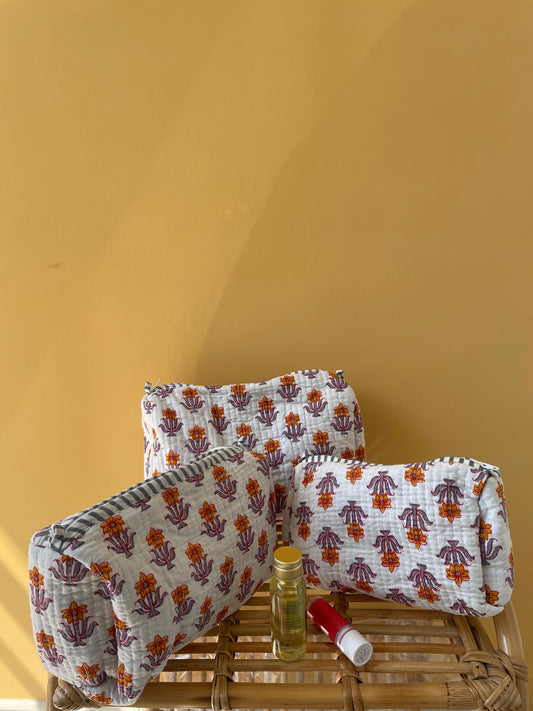 White Bloom Cotton Quilted Pouches (set of 3)