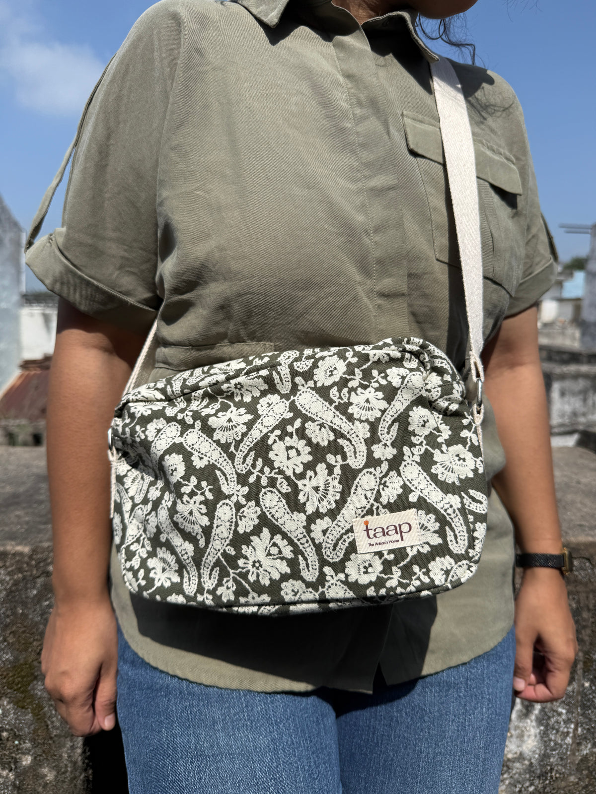 Green Paisley Cotton Canvas Horizontal Sling with Inside Pocket – Sleek, Secure & Always Ready