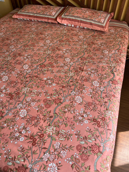 Peachy Bloom Cotton Queen Size Bedsheet with 2 Pillow Covers (100”*108”)