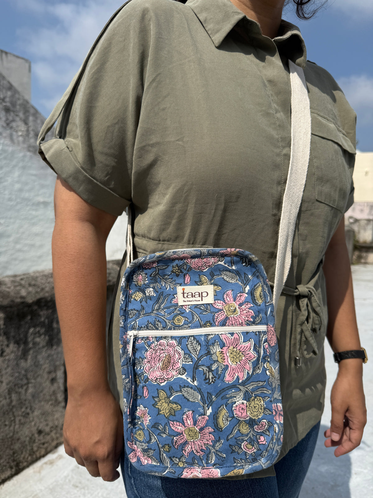 Dark Blue Floral Cotton Canvas Vertical Crossbody Sling – Travel Light, Stay Stylish