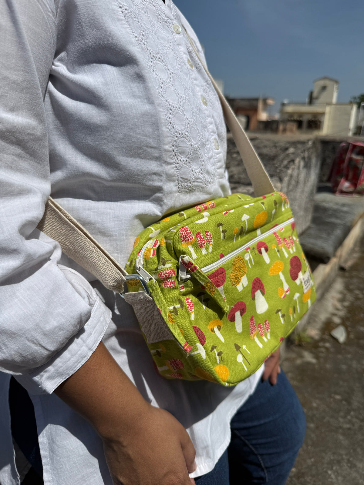 Mushroom Cotton Canvas Horizontal Sling with Front & Inside Pocket – Sleek, Secure & Always Ready