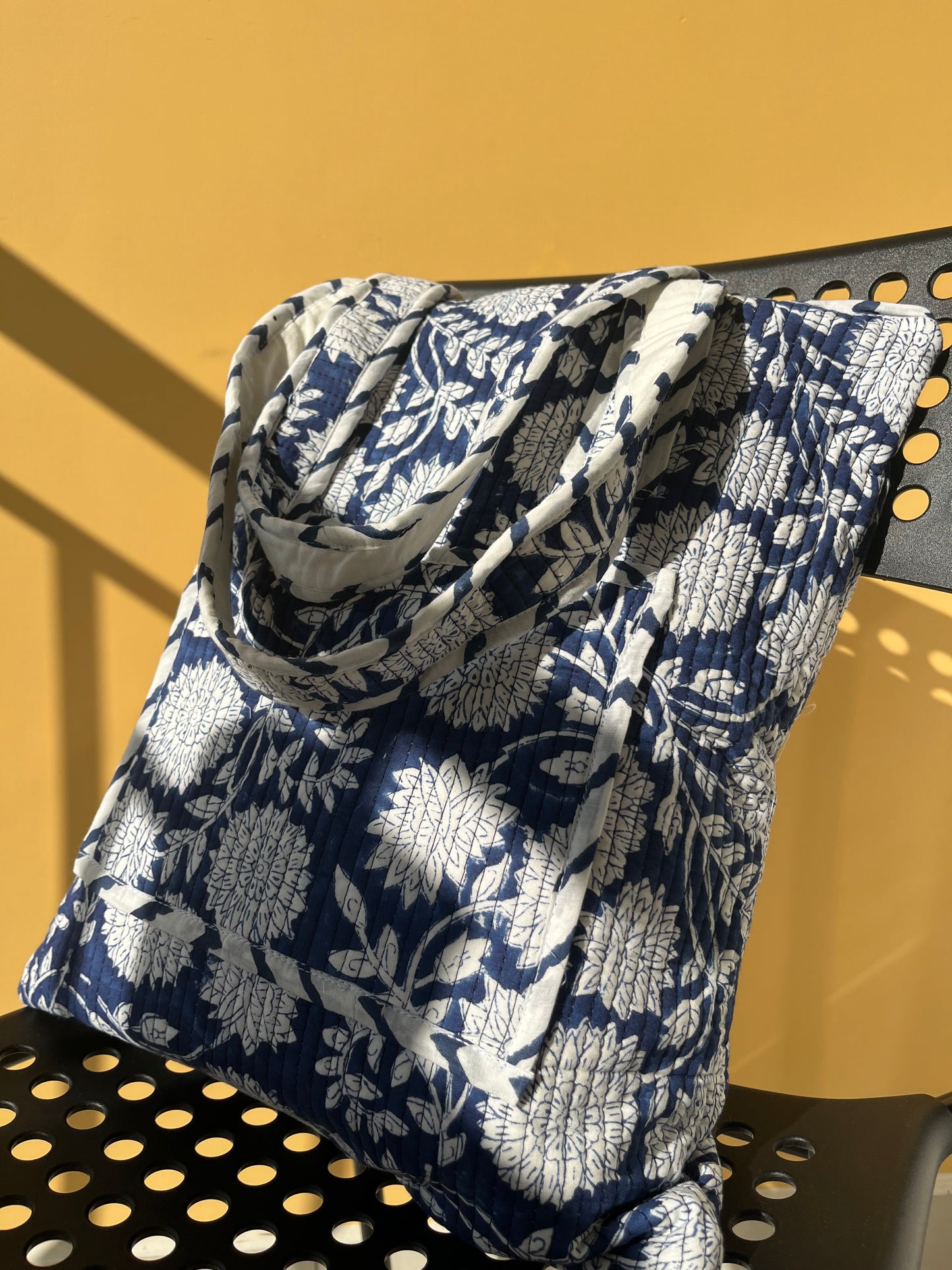 Blue Floral Vertical Cotton Quilted Tote Bag