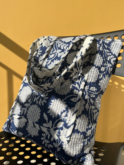 Blue Floral Vertical Cotton Quilted Tote Bag