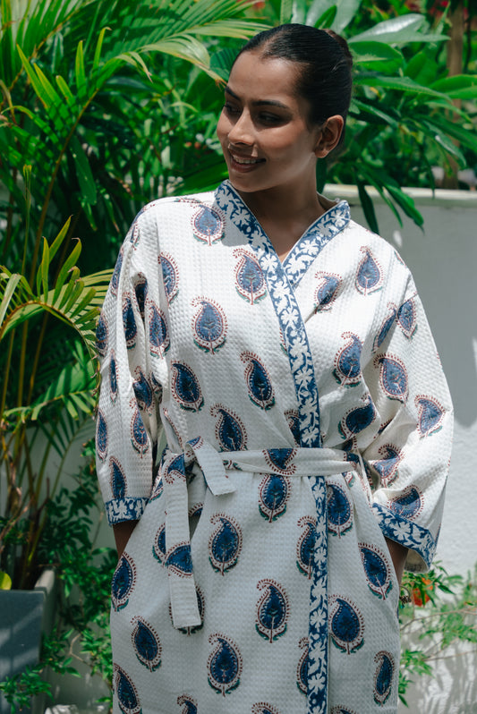 Blue Paisely Premium Cotton Waffle Bathrobe (Adult)