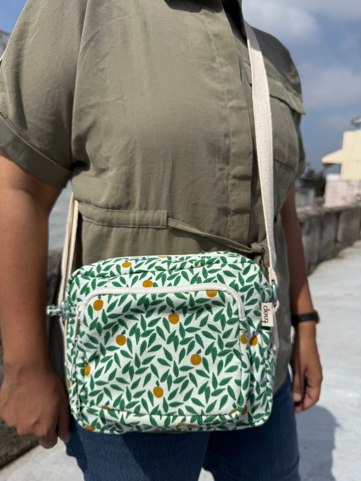 Green Leaf Cotton Canvas Multi-pocket Crossbody Sling – Travel Light, Stay Stylish