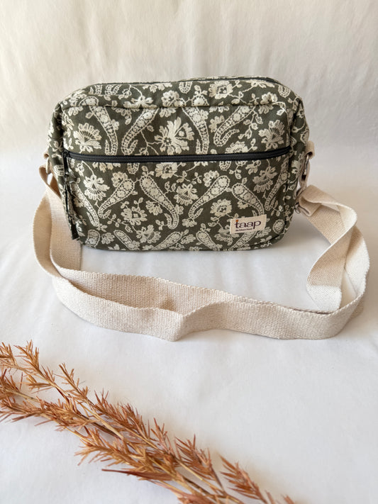 Green Paisley Cotton Canvas Horizontal Sling with Front & Inside Pocket – Sleek, Secure & Always Ready