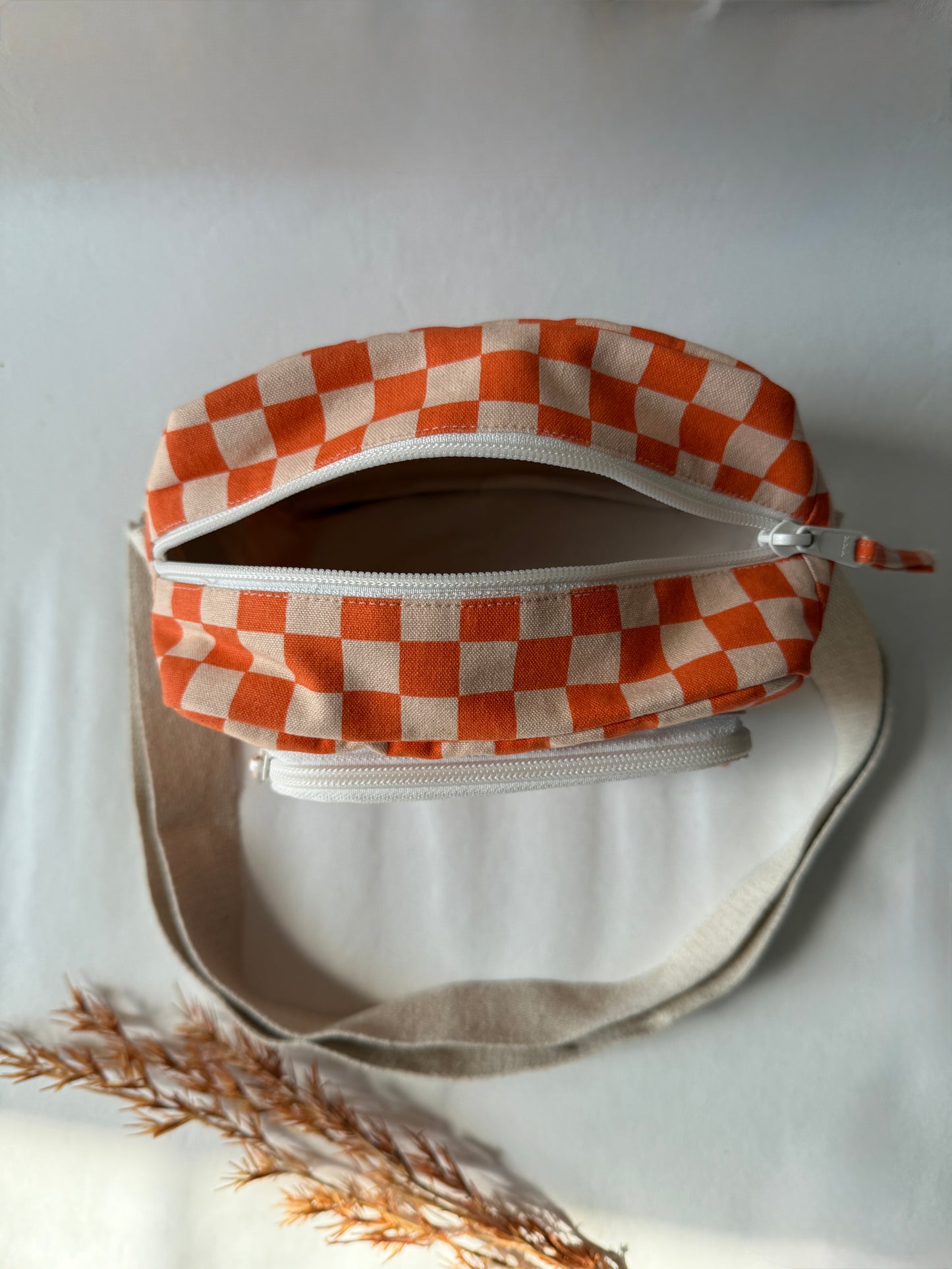 Orange Checkered Cotton Canvas Multi-pocket Crossbody Sling – Travel Light, Stay Stylish