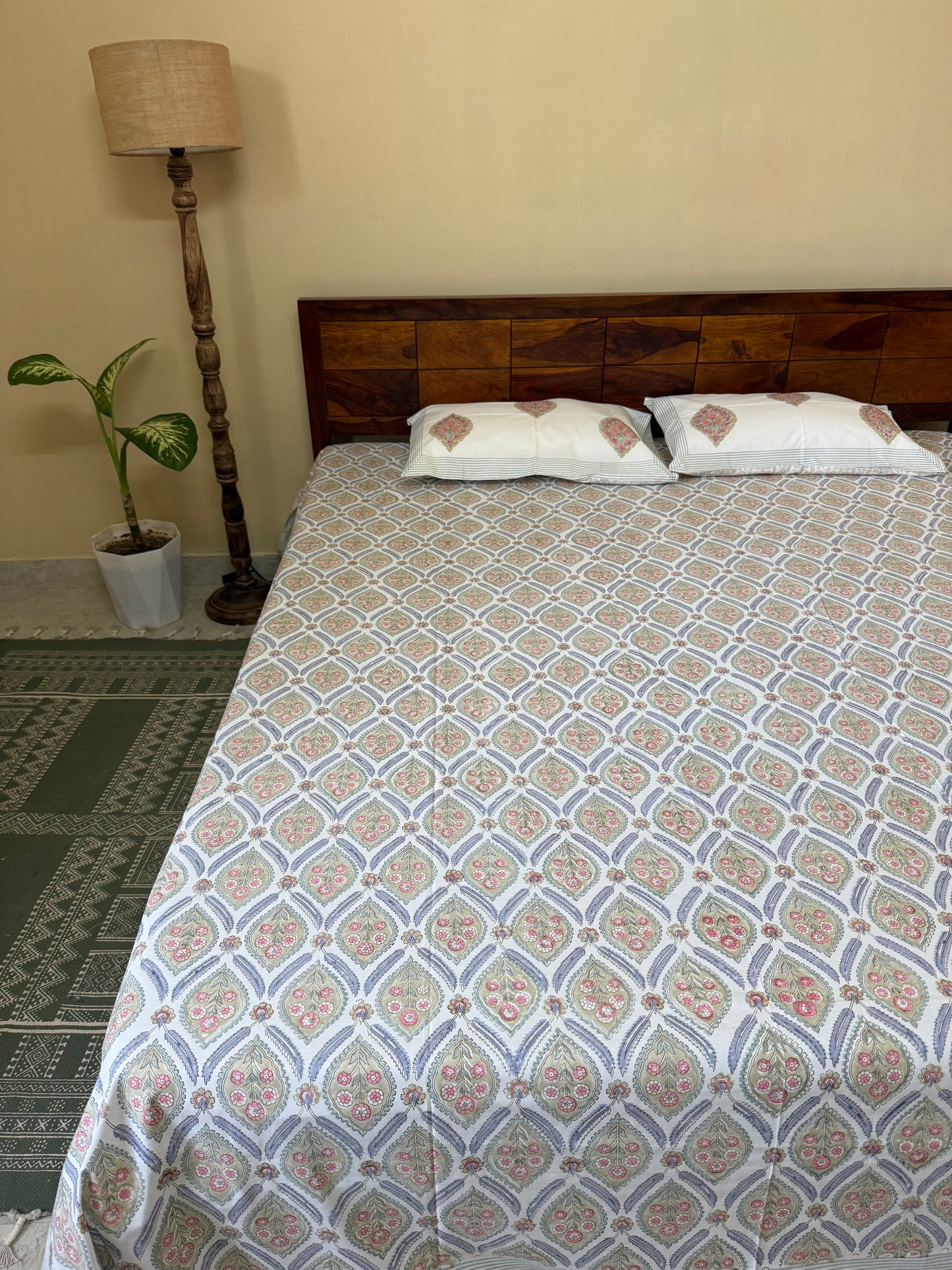 Heritage Medley HandBlock King Size Bedsheet with 2 Pillow Covers (108”*108”)