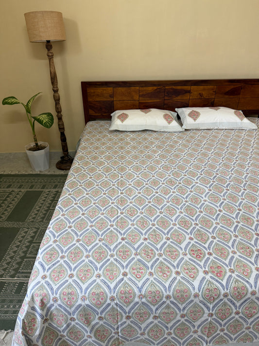 Heritage Medley HandBlock King Size Bedsheet with 2 Pillow Covers (108”*108”)