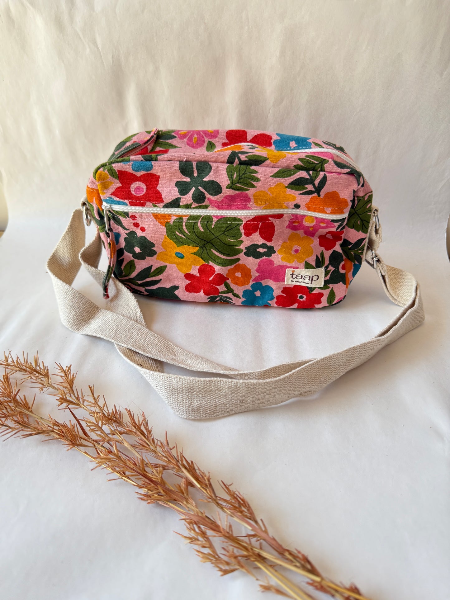 Tropical Floral Cotton Canvas Horizontal Sling with Front & Inside Pocket – Sleek, Secure & Always Ready