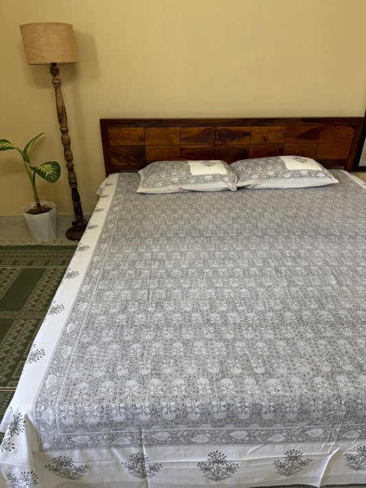 Dewdrop Gey Cotton Queen Size Bedsheet with 2 Pillow Covers (90”*108”)