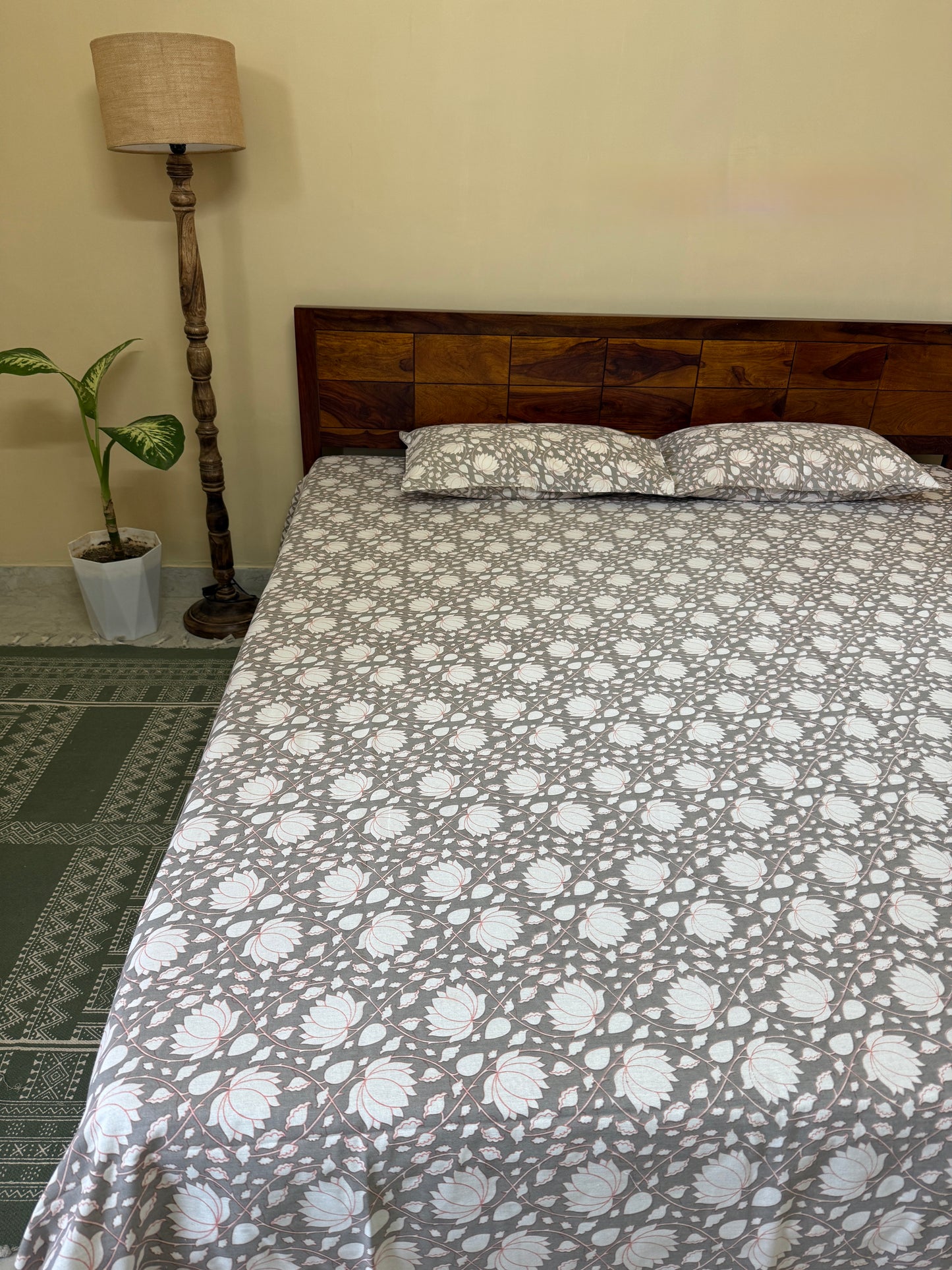 Lotus Blossom Pure Cotton King Size Bedsheet Set with 2 Pillow Covers (108”*108”)