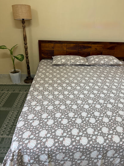 Lotus Blossom Pure Cotton King Size Bedsheet Set with 2 Pillow Covers (108”*108”)