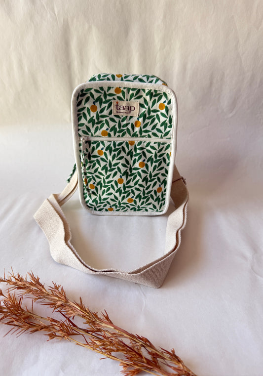 Green Leaf Cotton Canvas Vertical Crossbody Sling – Travel Light, Stay Stylish