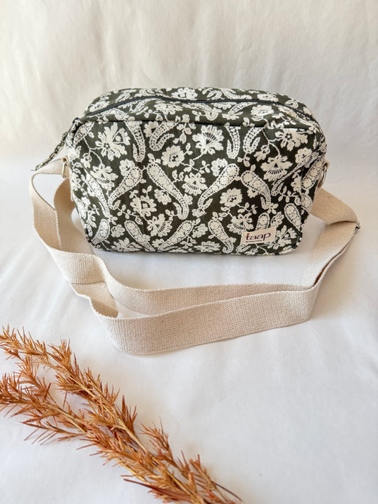 Green Paisley Cotton Canvas Horizontal Sling with Inside Pocket – Sleek, Secure & Always Ready