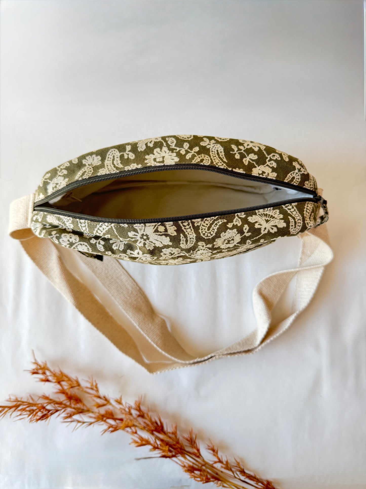 Green Paisley Cotton Canvas Horizontal Sling with Front & Inside Pocket – Sleek, Secure & Always Ready
