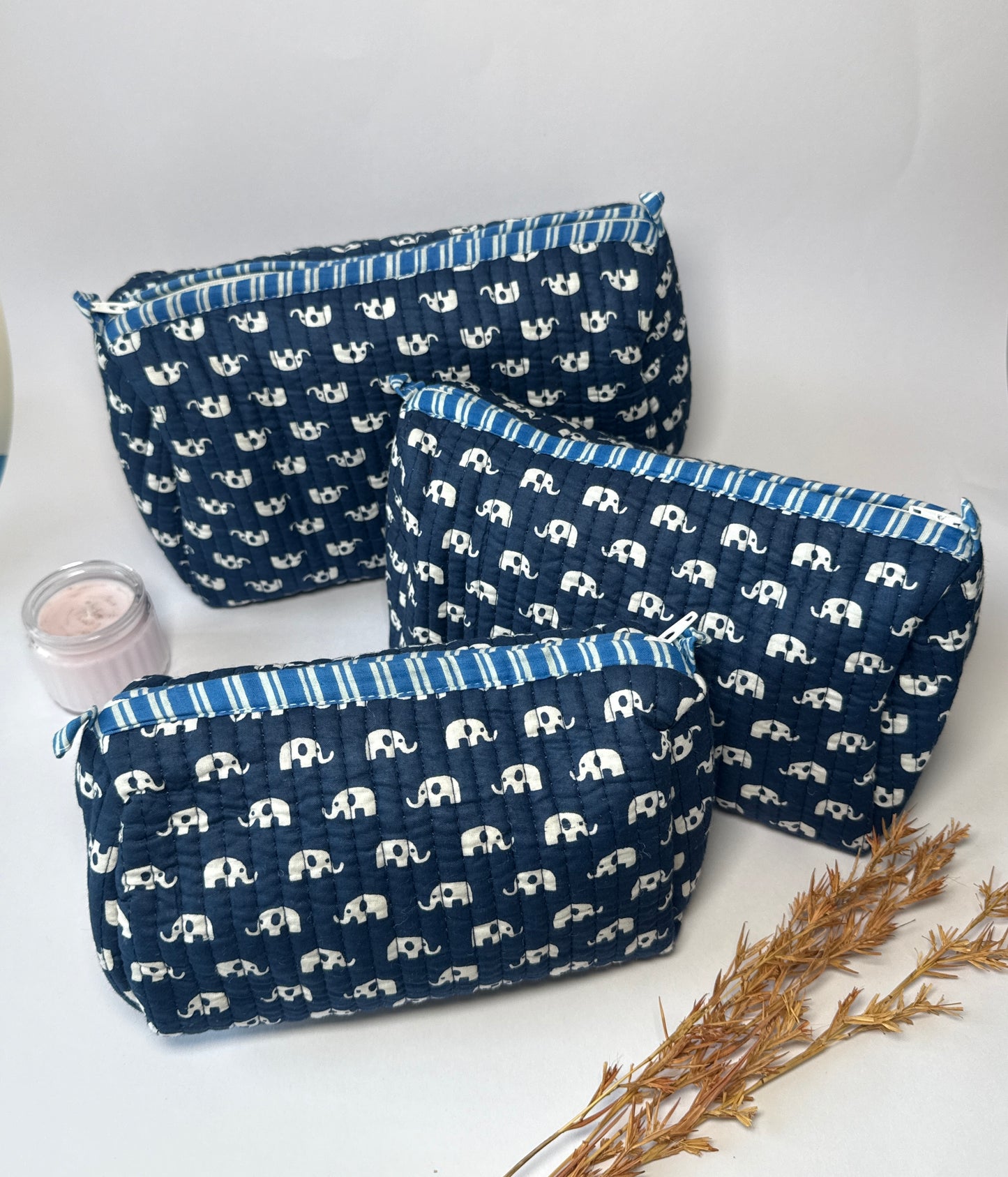 Indigo Majestique Quilted Pouches (set of 3)