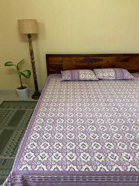 Lilac Lattice Pure Cotton King Size Bedsheet Set with 2 Pillow Covers (108”*108”)