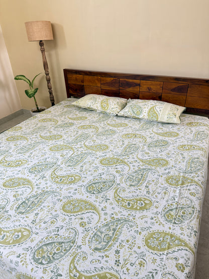 Olive Paisley Pure Cotton King Size Bedsheet with 2 Pillow Covers (108”*108”)