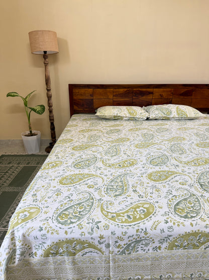 Olive Paisley Pure Cotton King Size Bedsheet with 2 Pillow Covers (108”*108”)