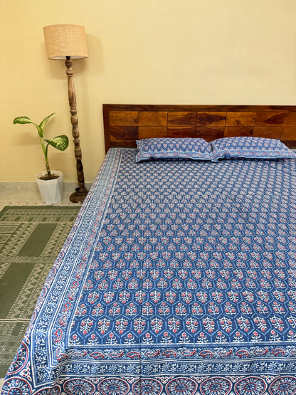 Indigo Floral Cotton Queen Size Bedsheet with 2 Pillow Covers (90”*108”)