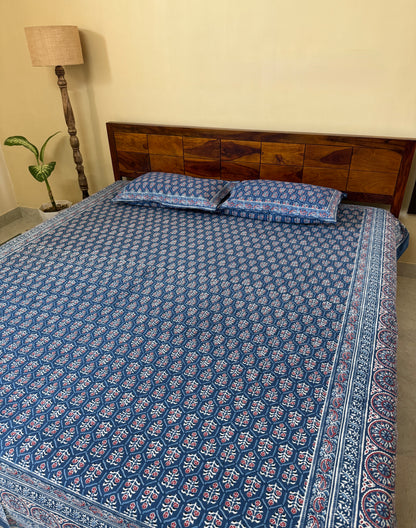 Indigo Floral Cotton Queen Size Bedsheet with 2 Pillow Covers (90”*108”)