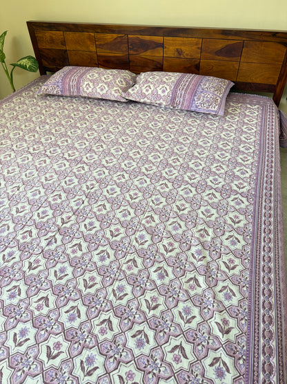 Lilac Lattice Pure Cotton King Size Bedsheet Set with 2 Pillow Covers (108”*108”)