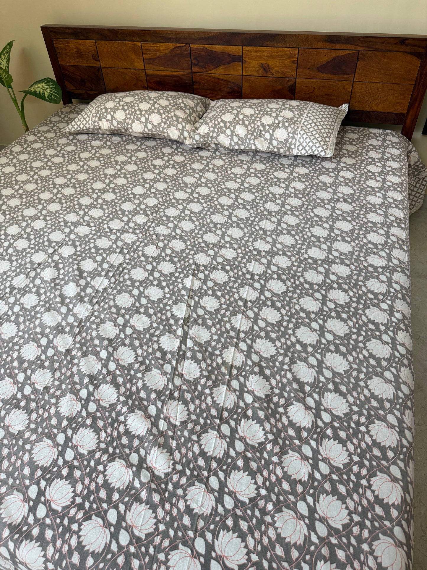 Lotus Blossom Pure Cotton King Size Bedsheet Set with 2 Pillow Covers (108”*108”)