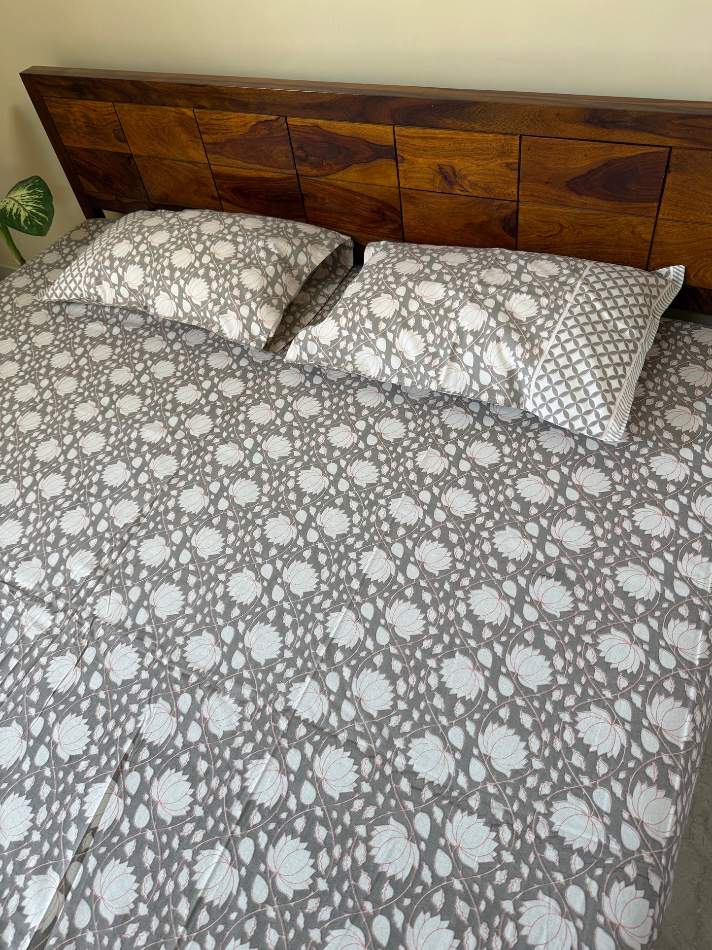 Lotus Blossom Pure Cotton King Size Bedsheet Set with 2 Pillow Covers (108”*108”)
