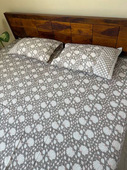 Lotus Blossom Pure Cotton King Size Bedsheet Set with 2 Pillow Covers (108”*108”)