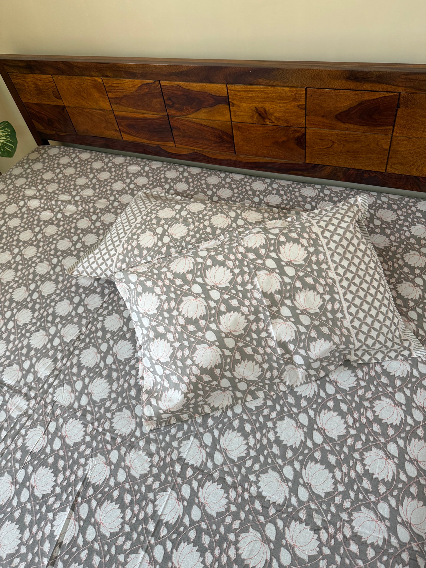 Lotus Blossom Pure Cotton King Size Bedsheet Set with 2 Pillow Covers (108”*108”)