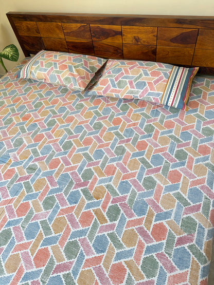 Geometric Harmony Pure Cotton King Size Bedsheet Set with 2 Pillow Covers (108”*108”)