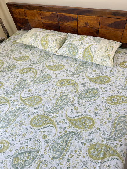 Olive Paisley Pure Cotton King Size Bedsheet with 2 Pillow Covers (108”*108”)