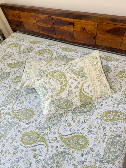 Olive Paisley Pure Cotton King Size Bedsheet with 2 Pillow Covers (108”*108”)